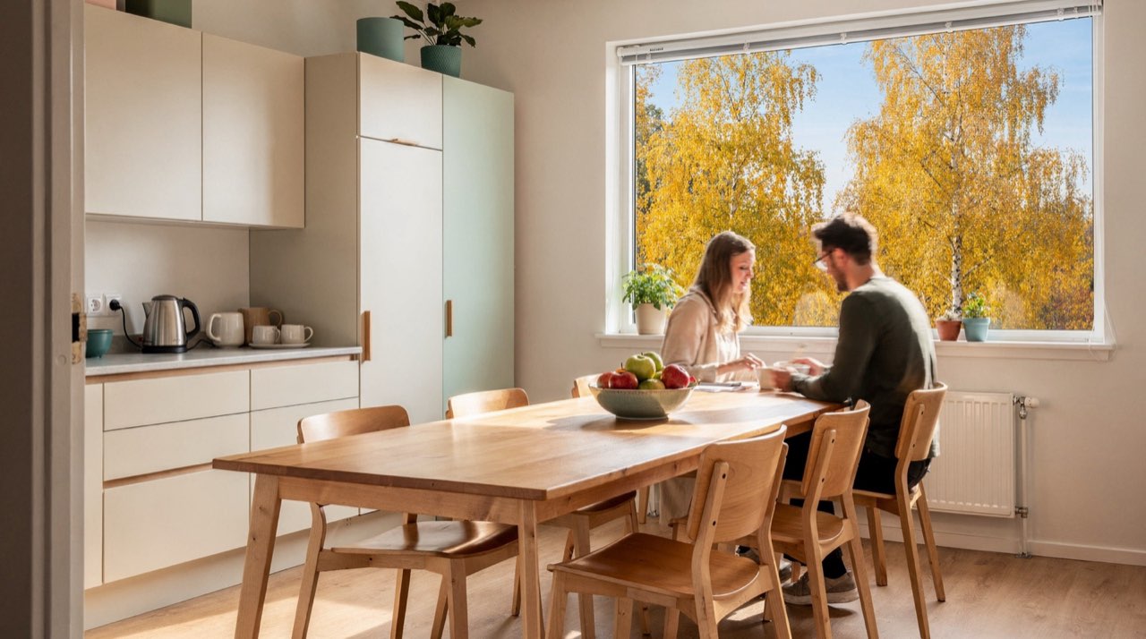 Ljust kök i en svensk gruppbostad med långt björkbord, stolar och ett brett fönster mot gula björkar