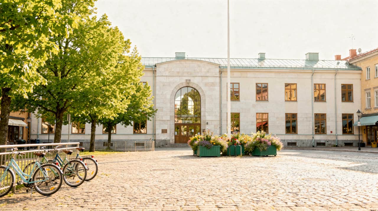 Ett ljust svenskt torg i morgonljus med en kommunbyggnads stenfasad, en flaggstång, lindar och cyklar parkerade vid ett lågt räcke